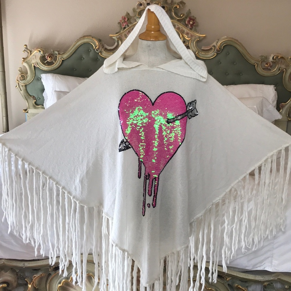 Wildfox Sequin Heart Knit Poncho Sweater RARE